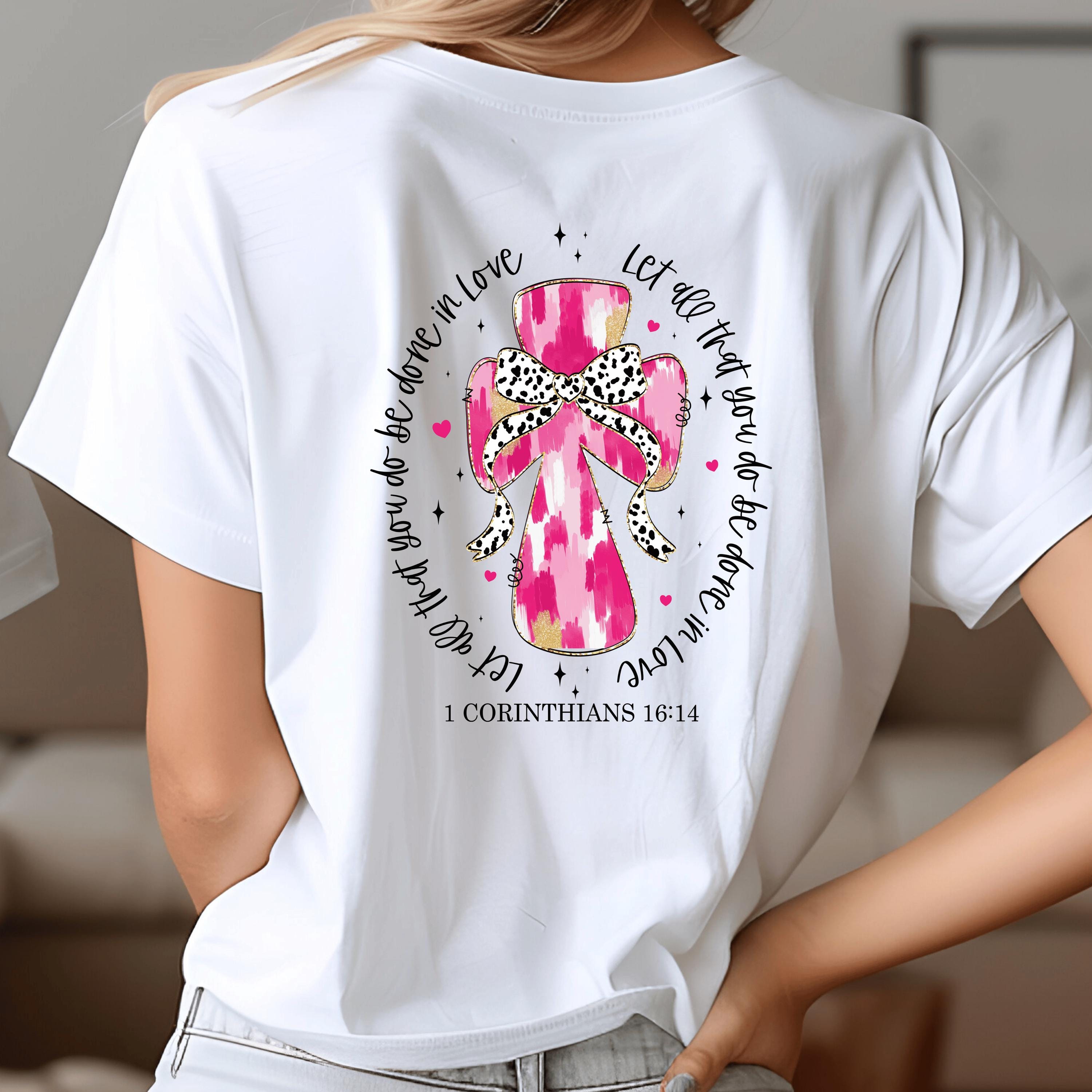 A Cross and bow on a Bella Canva T-Shirt with Scripture for Valentines