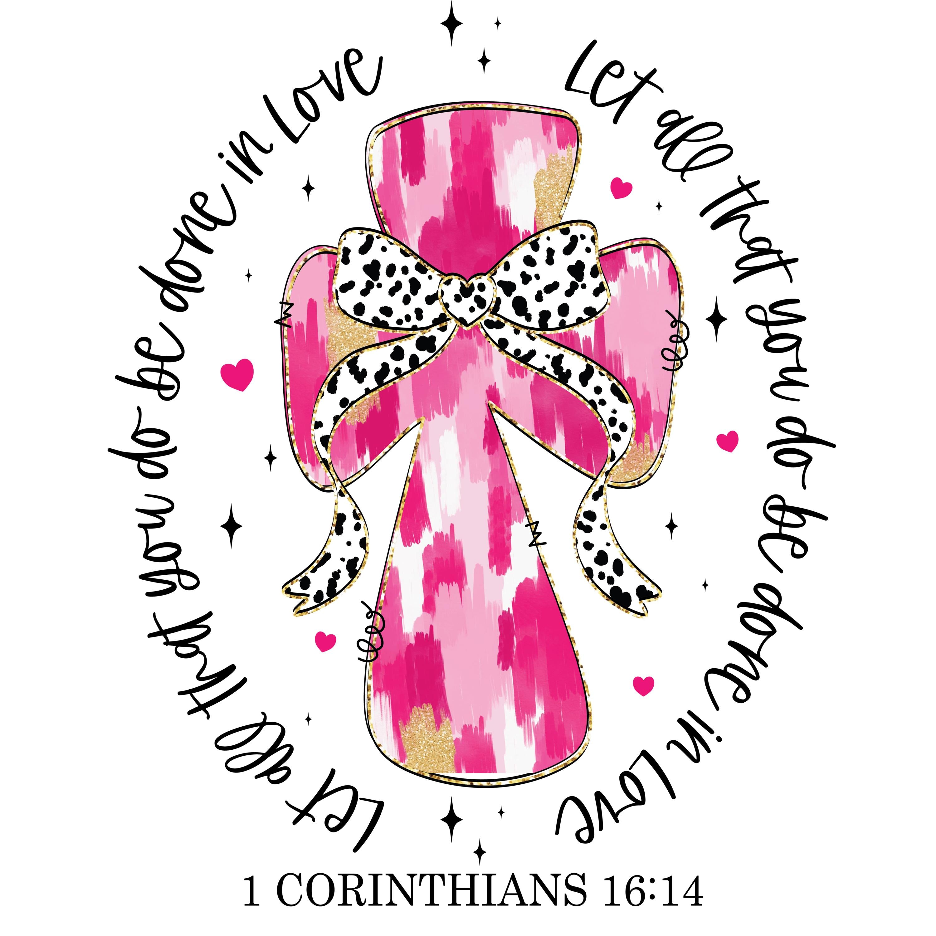A Cross and bow on a Bella Canva T-Shirt with Scripture for Valentines
