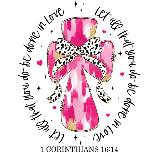 A Cross and bow on a Bella Canva T-Shirt with Scripture for Valentines